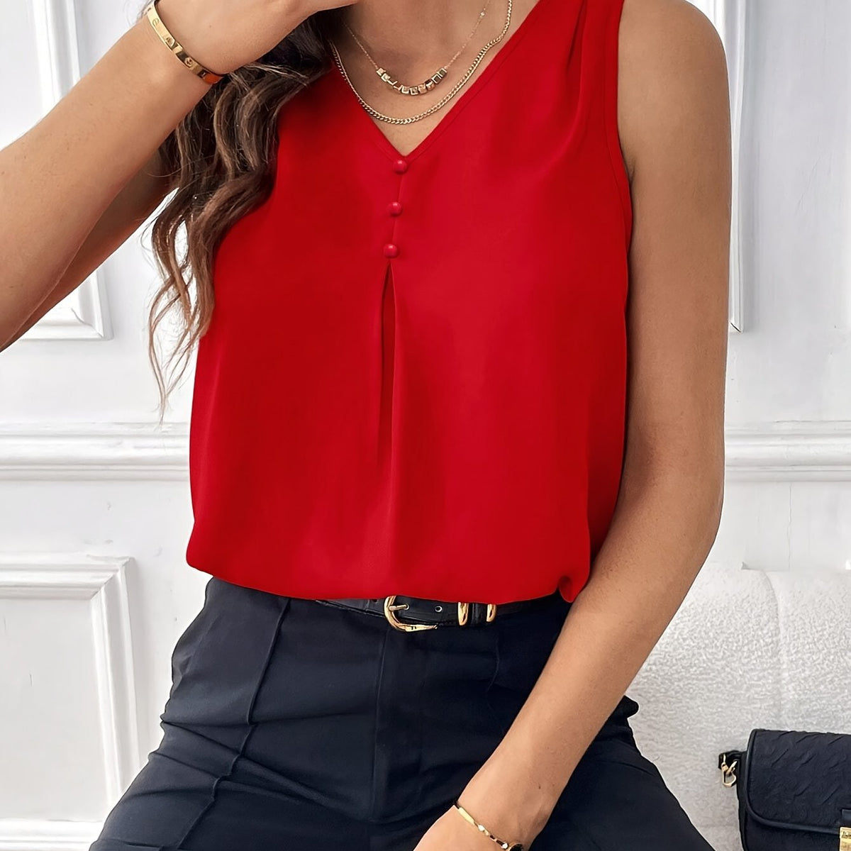 Solid V-neck Button Decor Top, Elegant Sleeveless Top For Summer, Women's Clothing
