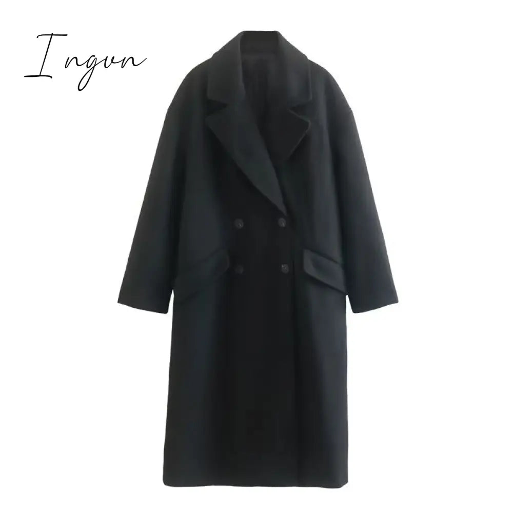 Ingvn - 2023 Trends Hot Sale Casual Autumn Women Commuter Pocket Jacket Elegant Double Breasted Straight Outerwear Fashion Lapel Solid New Long Sleeve Coats