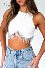Ingvn - Sexy Solid Tassel Beaded O Neck Tops