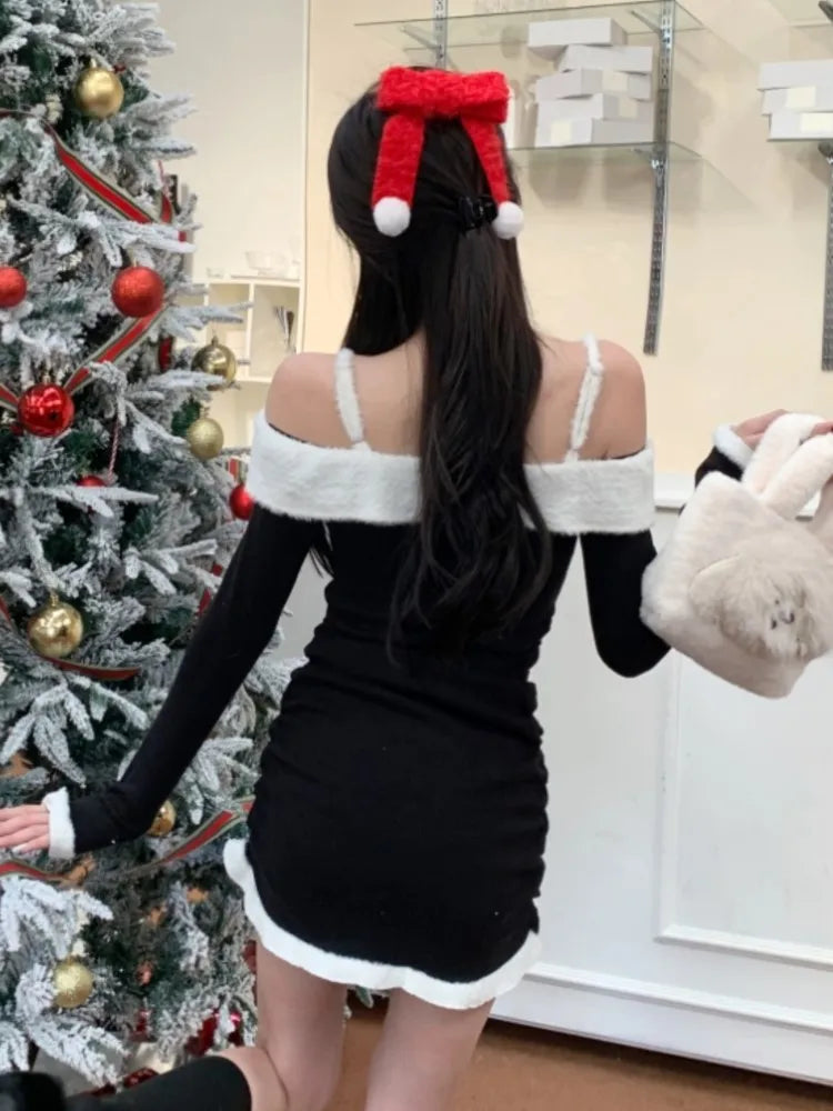 Kawaii Christmas Mini Dress Y2K Sweet Spaghetti Strap Slash Neck Birthday Party Dresses Vintage Bodycon Vestidos Female Outfits