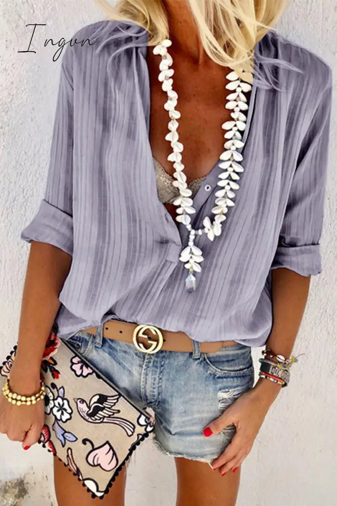 Ingvn -  Casual V Neck Button Blouse Tops