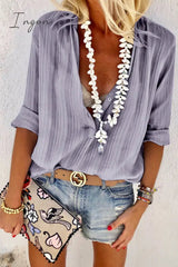 Ingvn -  Casual V Neck Button Blouse Tops