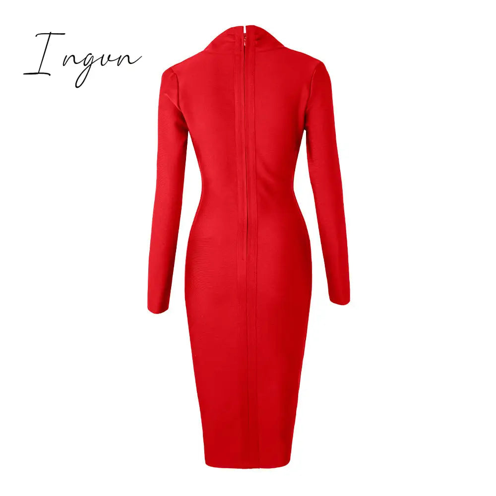Ingvn - New Summer Deep V Neck Women Bandage Dress Full Sleeves Celebrity Bodycon Dress Sexy Club Vestidos Evening Party Dresses