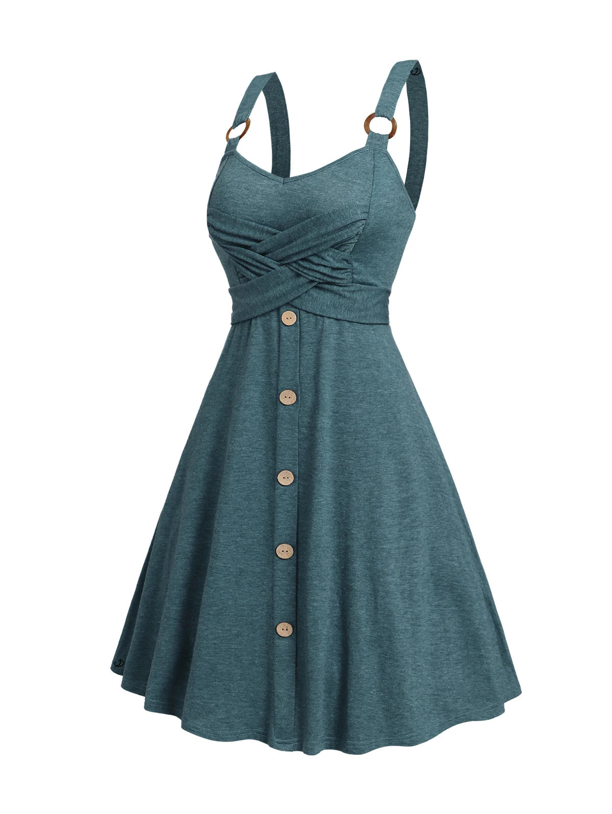 2025 Women's Summer Dresses Heather Crossover Mock Button Dress O Ring Strap High Waisted A Line Mini Casual Dress