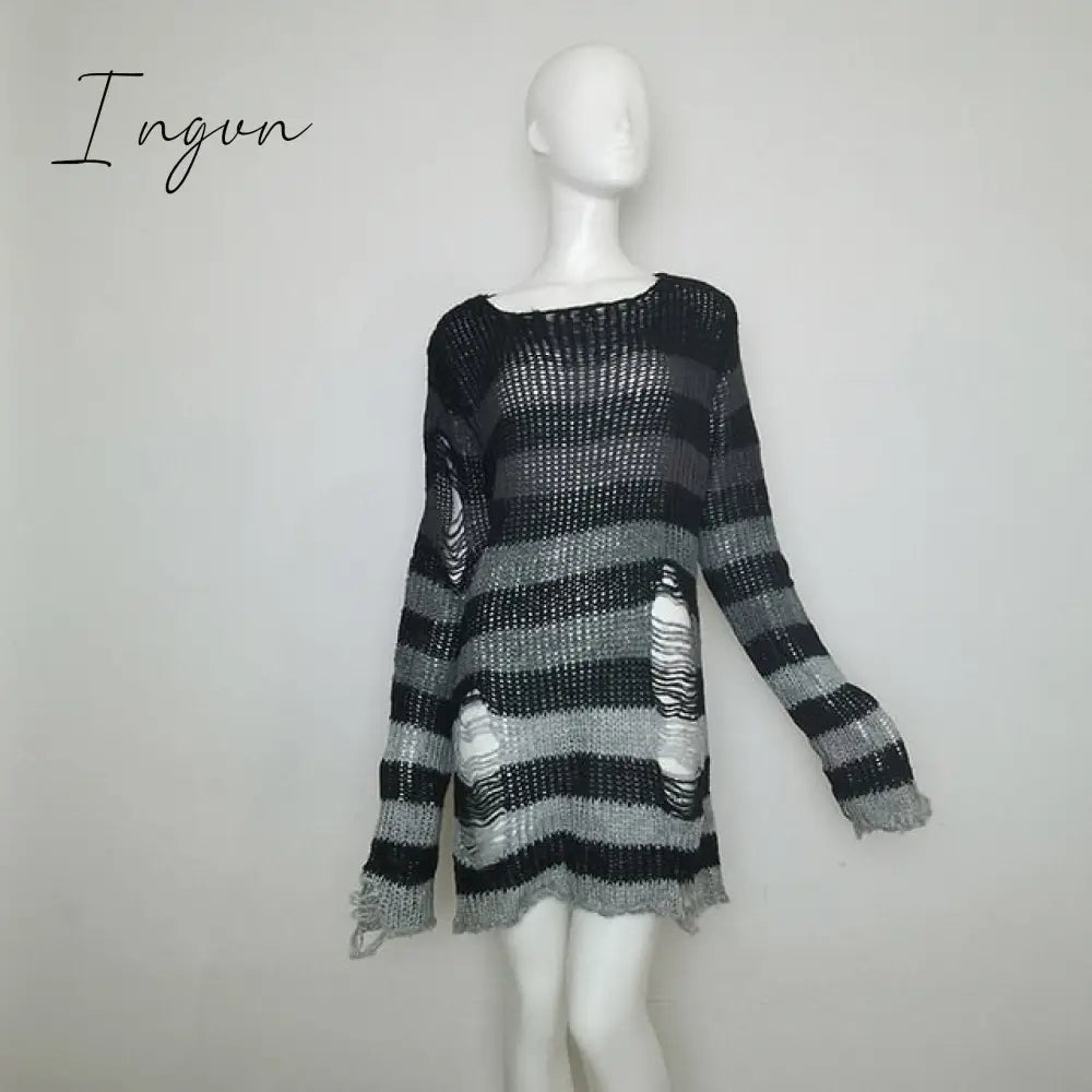 Ingvn - Plus Size Punk Gothic Long Unisex Sweater Dress Women Man Striped Cool Hollow Out Hole Broken Jumper Loose Rock Thin Sweter
