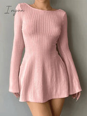 Ingvn - Backless Knitted Long Sleeve Mini Dress