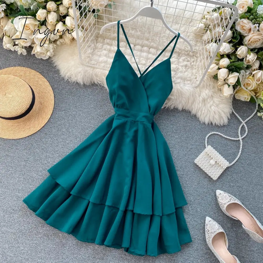 Ingvn - Summer Spring Beach Holiday V-Neck Backless Lace Up Ruffles Cakes Solid Elegant Women Lady A-line High Waist Dress