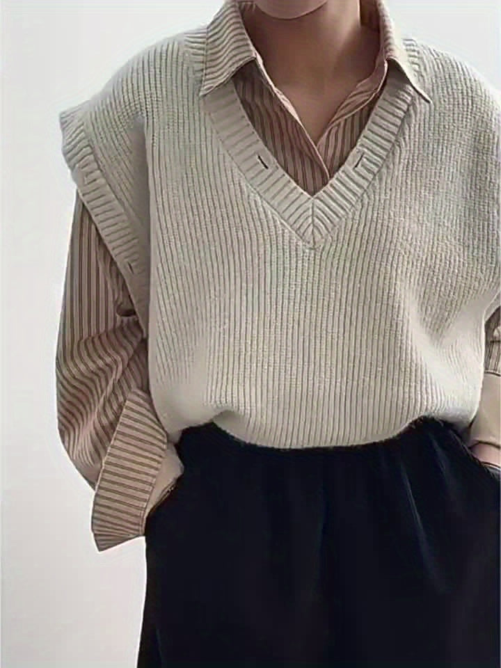 Solid V Neck Knitted Vest, Casual Sleeveless Loose Sweater Vest, Women's Clothing