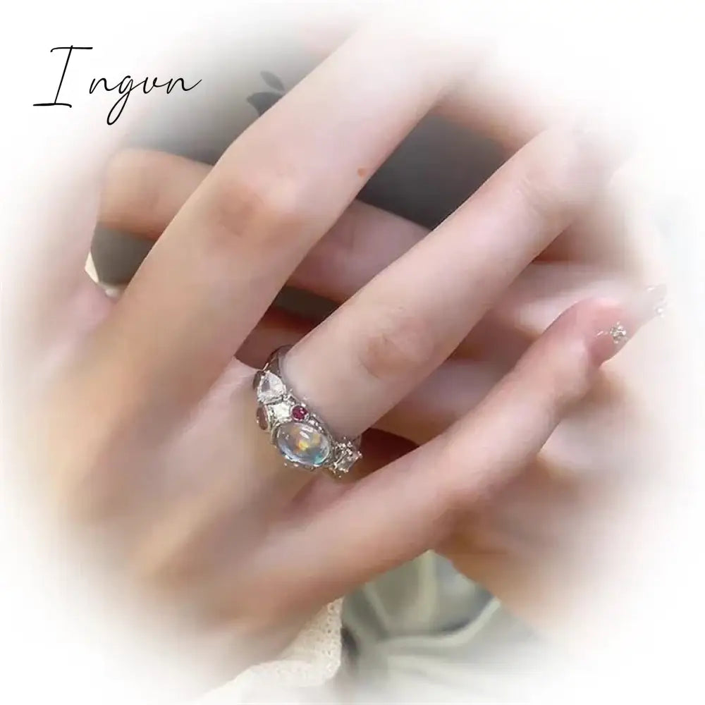 Korean Fashion Delicate Oval Opal Open Adjustable Rings For Women Girls Cute Pink Crystal Finger Ring Aesthetic Jewelry Gifts