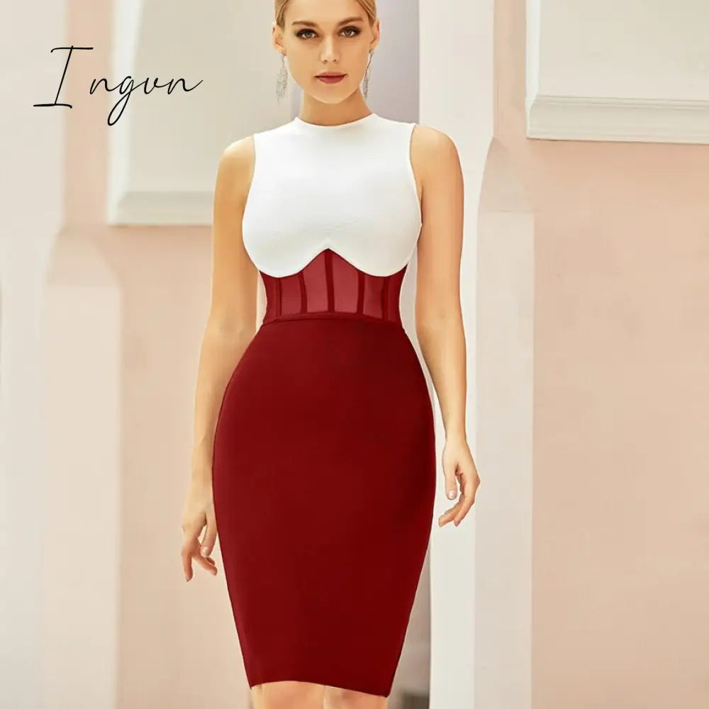 Ingvn - New Summer Tank Bodycon Club Bandage Dress Women Sexy Sleeveless Black Lace Midi Celebrity Evening Runway Party Dress