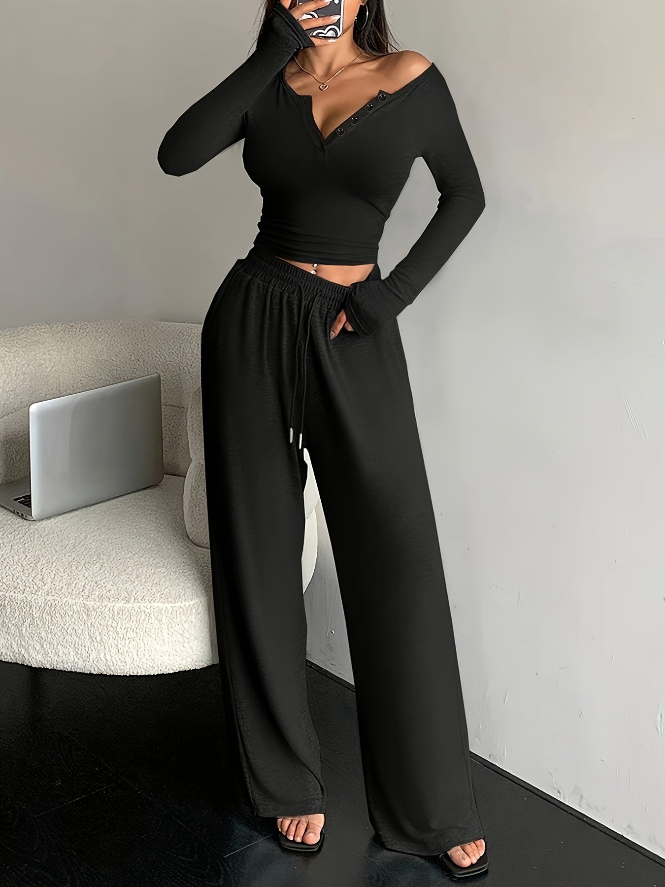 TWO-PIECE SET - Chic Long Sleeve Top with Button Front & Drawstring Waist Wide Leg Pants - Comfortable, Versatile, and Flattering Outfit for Women's Everyday Wear