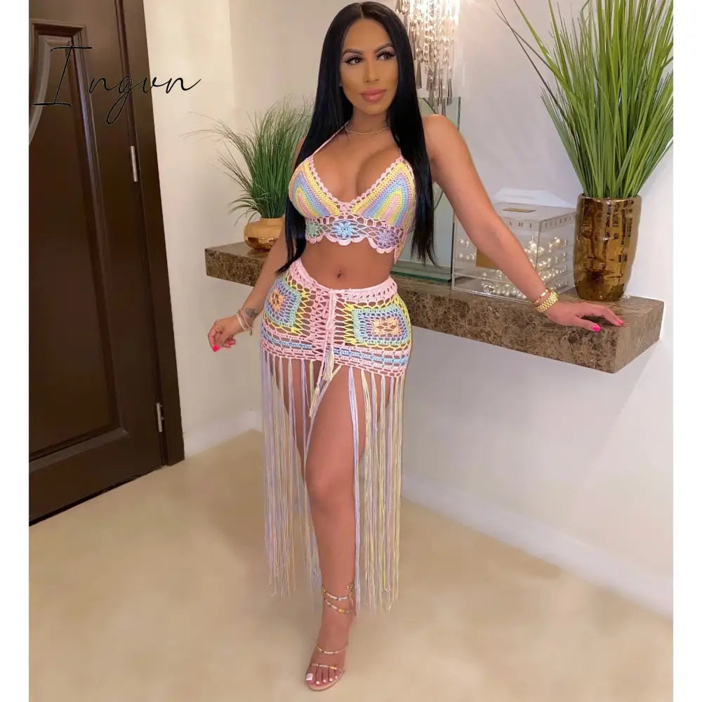 Ingvn - Sexy Crochet Tassel Two Piece Skirt Set Beach Dress Suit Summer Outfit Womens 2 Piece Matching Sets