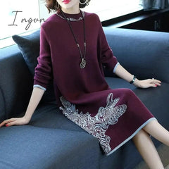 Ingvn - Trends high quality New Year Women's Autumn/Winter Long Sleeve Knitted Wool Dress Loose High Collar Knee-Length Dress Slim Casual Dress Party Dress