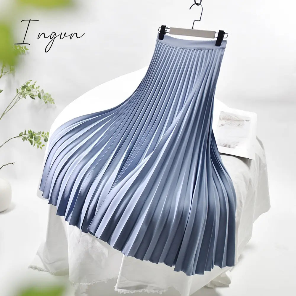 Ingvn - Brand Designer Women Spring Autumn Elegant Chic Solid Pleated Skirt High Waist Luxury Fashion With Elastic Female C-035
