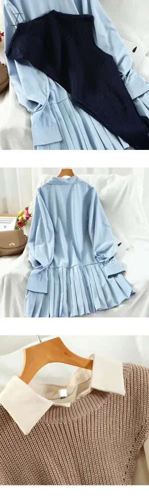 Ingvn - New Sweet Suit Women Japan Single Breasted Turn-Down Collar Pleated Dress +Irregular Drawstring Knitted Vest Two Piece Set PL548