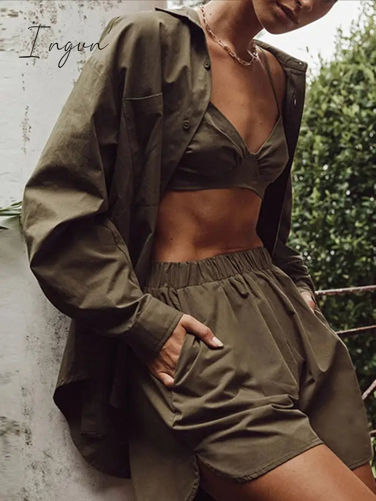 Ingvn - Women Tracksuits Shirt With Mini Shorts Cotton Two Pieces Sets Summer Fashion Clothing Outfits Women Blouses Fashion Tracksuits