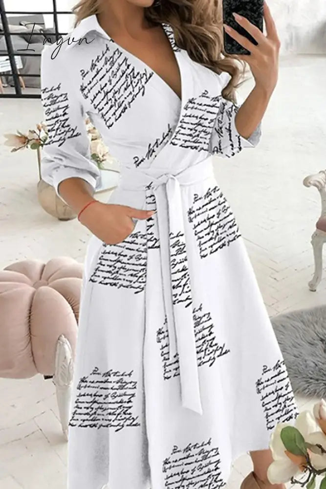Ingvn - Fashion Elegant Print Solid Patchwork Frenulum V Neck A Line Dresses(10 Colors)