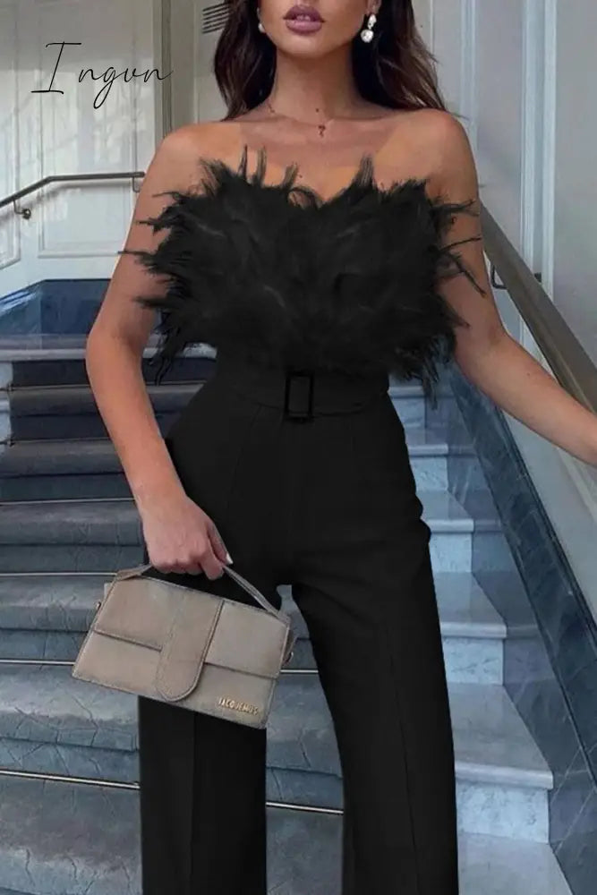 Ingvn - Sexy Feathers With Belt Strapless Jumpsuits(5 Colors)