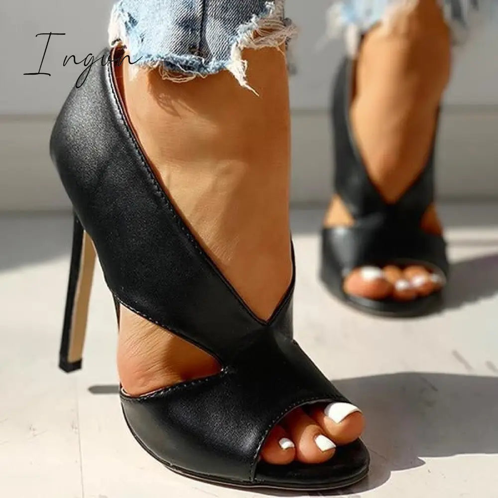Ingvn - Solid Peep Toe Cut Out PU Thin Heels