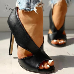 Ingvn - Solid Peep Toe Cut Out PU Thin Heels