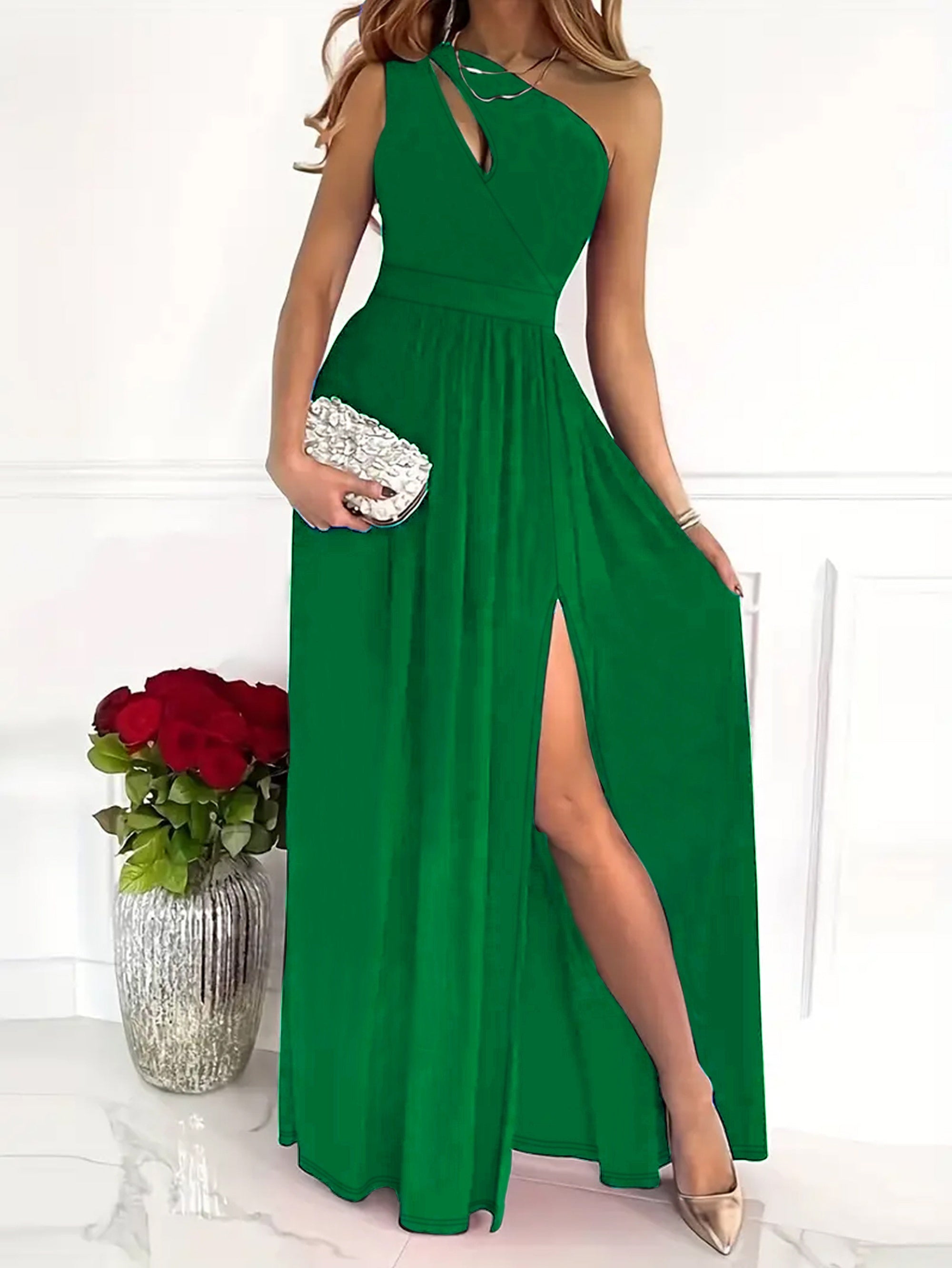 Solid One Shoulder Split Aline Dress, Elegant Ruffle Hem Sleeveless Asymmetrical Dress For Club & Party, Women's Clothing