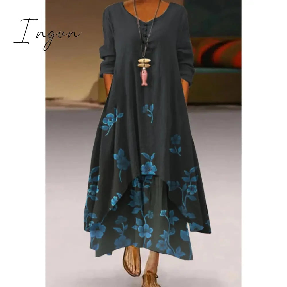 Ingvn - Fashion Summer Maxi Dress Women's Printed Sundress Casual Short Sleeve Vestidos Female High Waist Robe Femme midi elbise