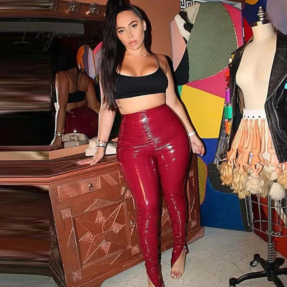 Ingvn - Winter Joggers PU Leather Leggings Pants Pleated High Waist Streetwear Long Trouser Solid Color Party Night Clubwear Outfit