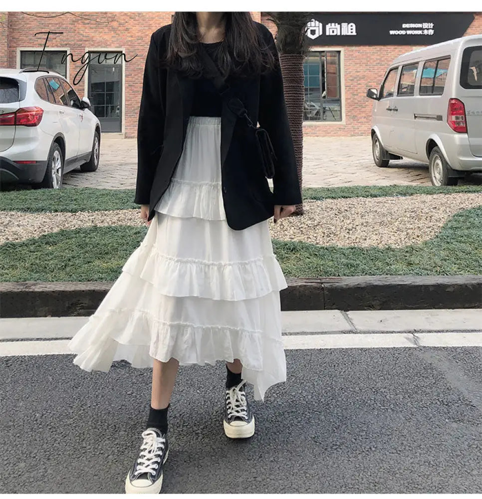 Ingvn - Midi Long Skirts Womens Maxi Skirt Goth Lolita Summer High Waisted Asymmetrical High Low Ruched Ruffle Skirts rok
