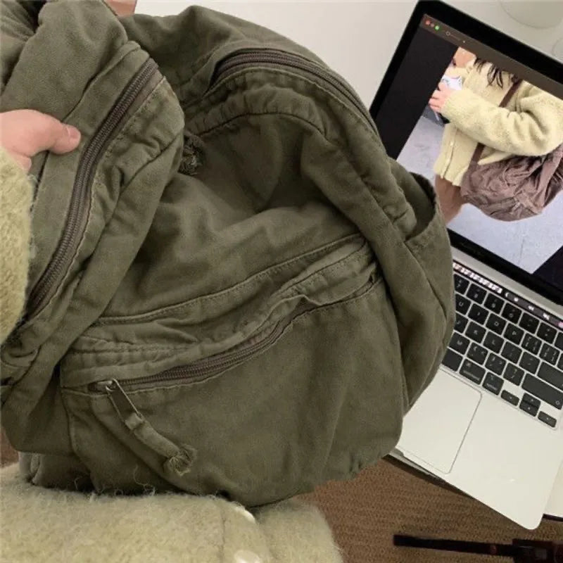 Ingvn  Vintage Backpack for Women Canvas Women Rucksack Zipper Casual Medium-Capacity Preppy Style Female Bag