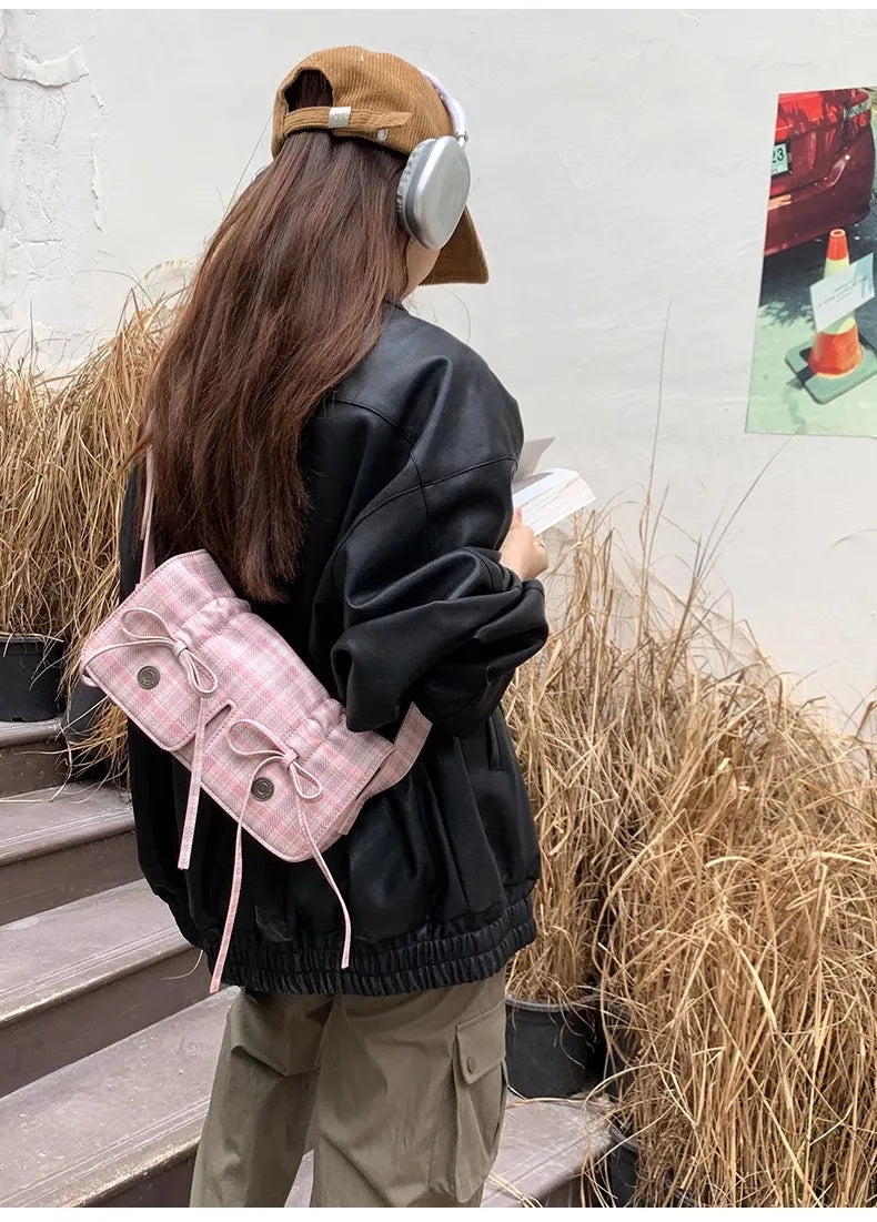 INGVN   Plaid Pink Women Shoulder Bag Pleated Casual Sweet Cute New Fashion Leather Handbag Literary Exquisite Designer Armpit Bag