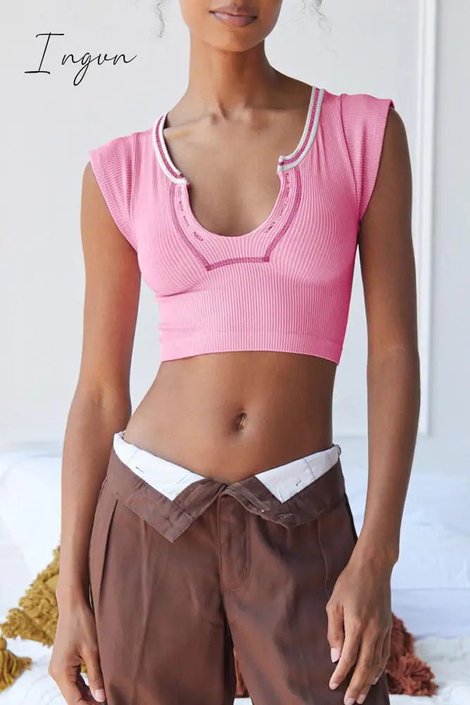 Ingvn - Sexy Street Solid Patchwork U Neck T-Shirts