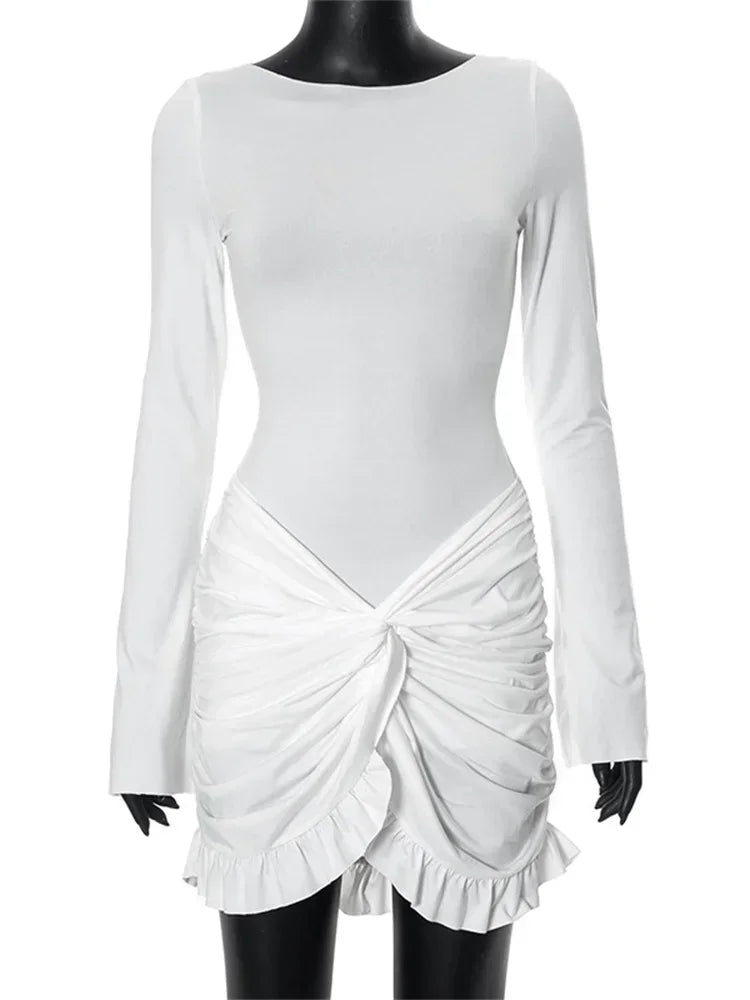 Ruffled Twist Skinny MIni Dress Women's Long Sleeve Patchwork High Waist Sexy Fashion Party Dress Female Y2k Bodycon Dress