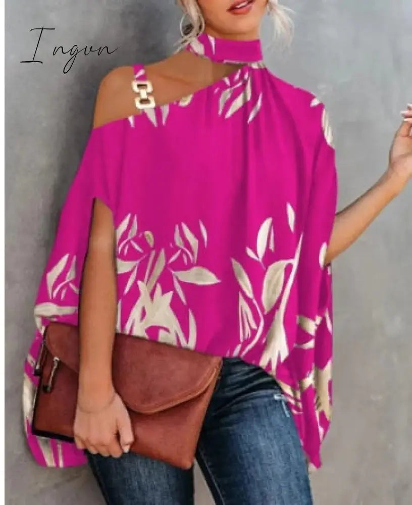 Ingvn - Women Metal Halter Hollow Out Print Top Patchwork Short Sleeve Loose Summer Blouse Femme Fashion Pullovers Casual Youth New