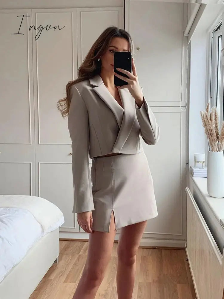 Ingvn - Stylish Elegant Skirt Suits Women Fashion 2 Buttons Cropped Blazer Side Split Mini Skirts Suits Female Chic Sets
