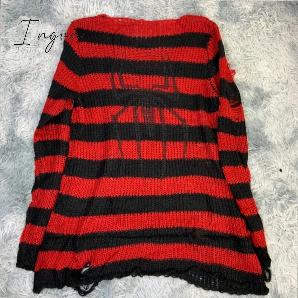 Ingvn - Plus Size Punk Gothic Long Unisex Sweater Dress Cool Hollow Out Hole Broken Jumper Loose Rock Thin Sweter Women Man Striped