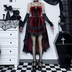 Ingvn - Women Fashion Gothic Vintage Velvet Croset Dress Aesthetic Punk Hight Waist Lace Trim Mesh Mini Dresses Fairy Grunge Partyclub Dress