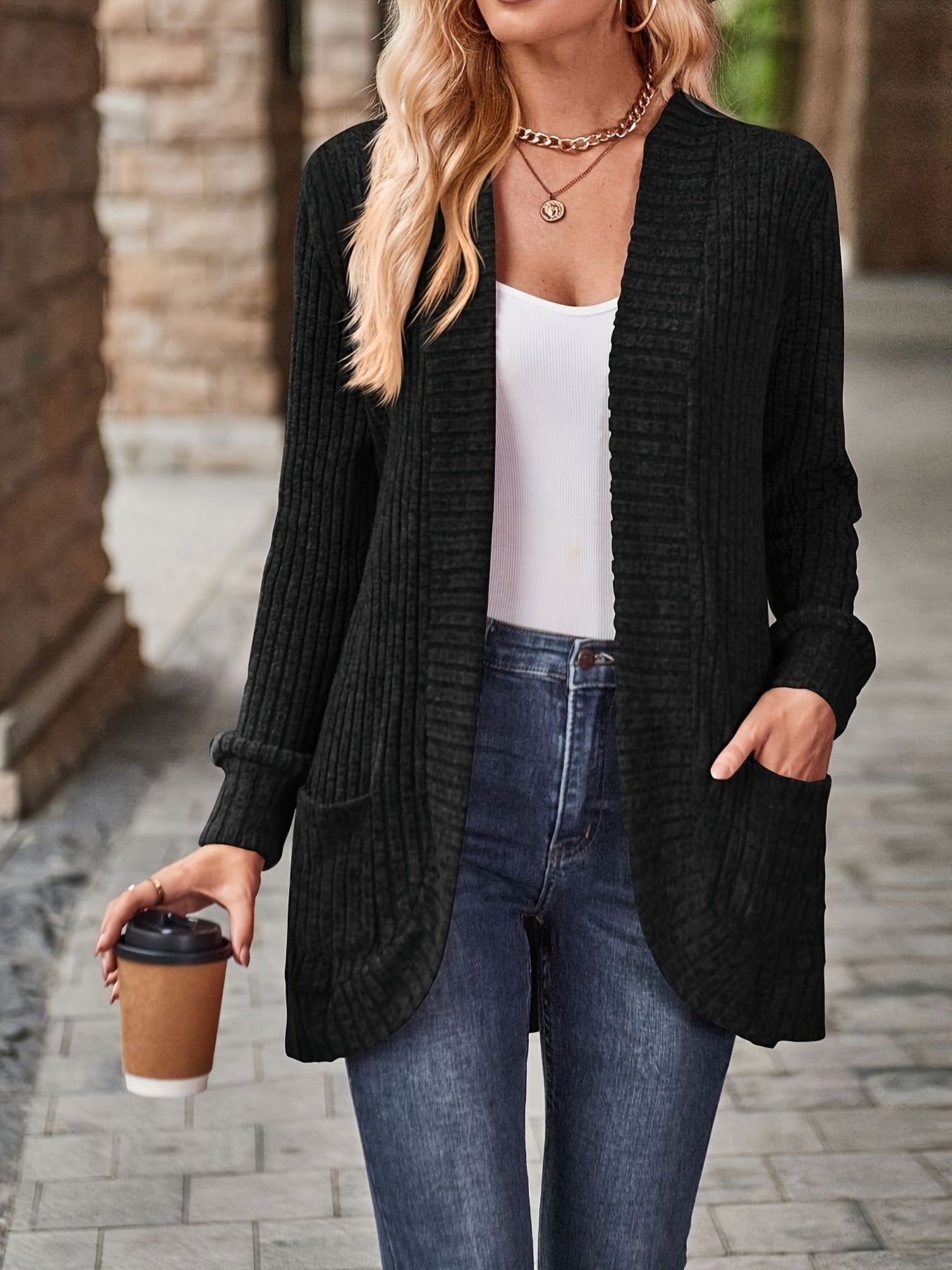 Cozy Rib Knit Cardigan for Women - Soft & Stylish Solid Open Front Sweater with Pockets - Casual Long Sleeve Fashion Clothing