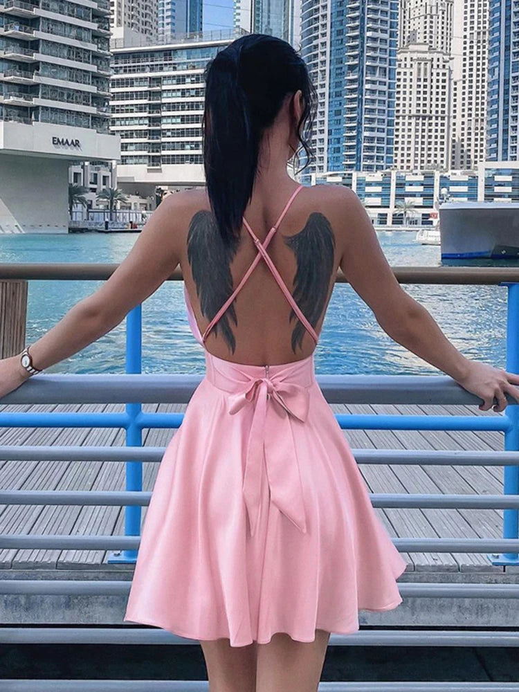 Satin Sexy Backless Sleeveless Party Night Club Wrap Mini Dresses Spaghetti Straps Elegant Dress Solid Vestidos