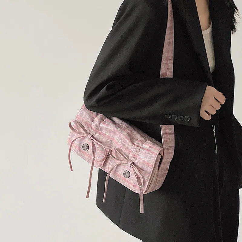 INGVN   Plaid Pink Women Shoulder Bag Pleated Casual Sweet Cute New Fashion Leather Handbag Literary Exquisite Designer Armpit Bag