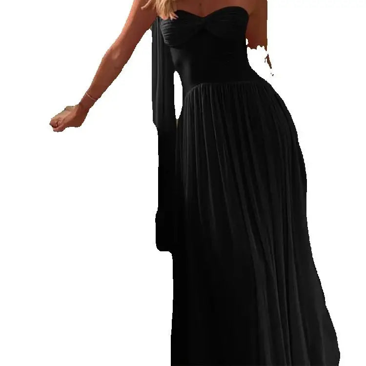 Temperament Mesh Patchwork Maxi Dress Women Solid Scarf+Sexy Backless Strapless Ruffles Midnight Banquet Party Outfits