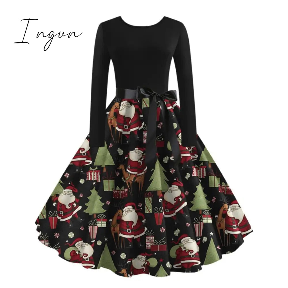 Ingvn - Christmas Halloween Costumes  Retro Positioning Print Party Casual Long Sleeve Round Neck Swing Dress