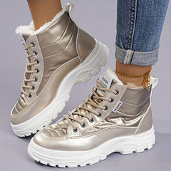 Women'S Winter Thickened Snow Boots High Top Platform Ankle Boots with Warm Fleece Lining, Solid Color, Round Toe, Low Heel, Fabric Insole, Polyurethane PU, Rubber Sole, Hand Washable