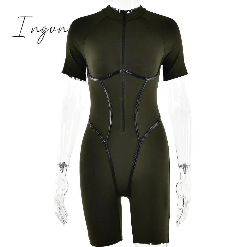 Ingvn - Short Sleeve Sexy Skinny Playsuit Women Autumn New Zipper PU Leather Striped Bodycon Playsuits Fashion Sporty Rompers