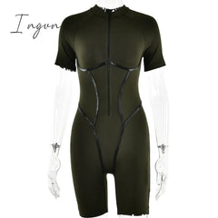 Ingvn - Short Sleeve Sexy Skinny Playsuit Women Autumn New Zipper PU Leather Striped Bodycon Playsuits Fashion Sporty Rompers