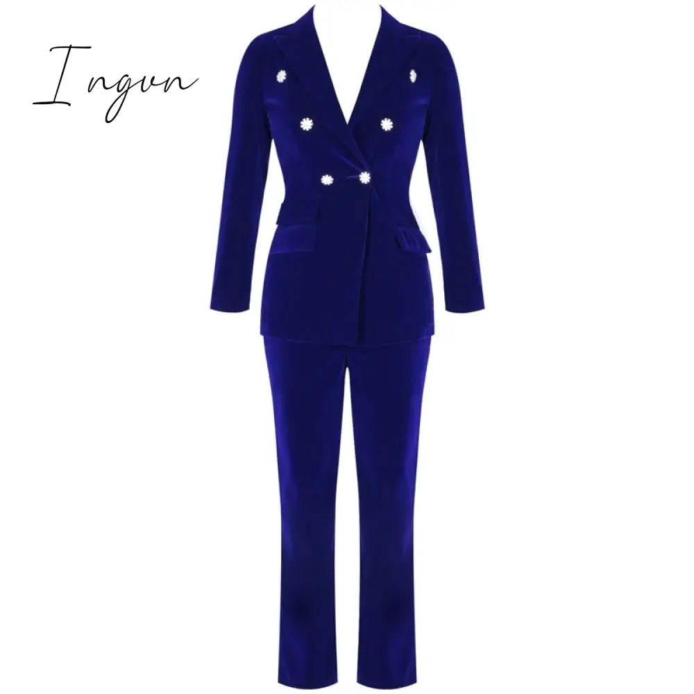 Ingvn - Summer Sets for Women New Navy Blue V Neck Long Sleeve Sexy 2 Piece Set Outfits High Quality Two Piece Set Suit