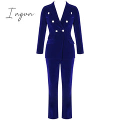 Ingvn - Summer Sets for Women New Navy Blue V Neck Long Sleeve Sexy 2 Piece Set Outfits High Quality Two Piece Set Suit