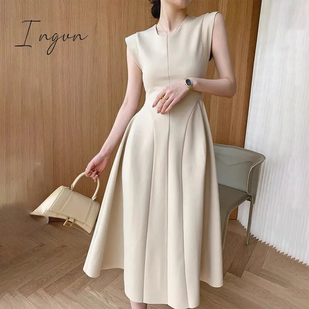 Ingvn - Sleeveless Summer Party Dress Women O-Neck High Waist Long Midi Dress Elegant A-Line Cotton Office Lady Hepburn Korean