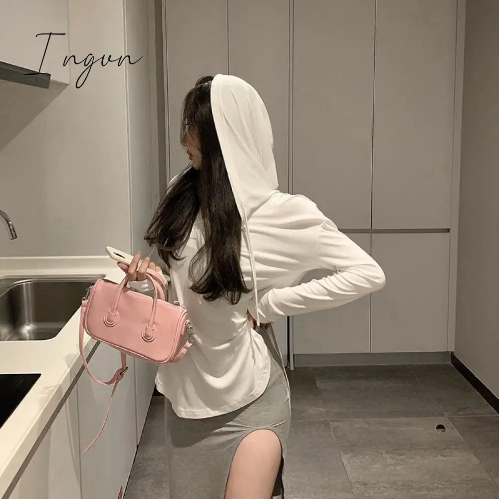 Ingvn - Hooded Shirt Side Split Sexy Blouse Women Long Sleeve Autumn Women Button Up Shirt Solid Color Basic Tee Shirt Loose Casual