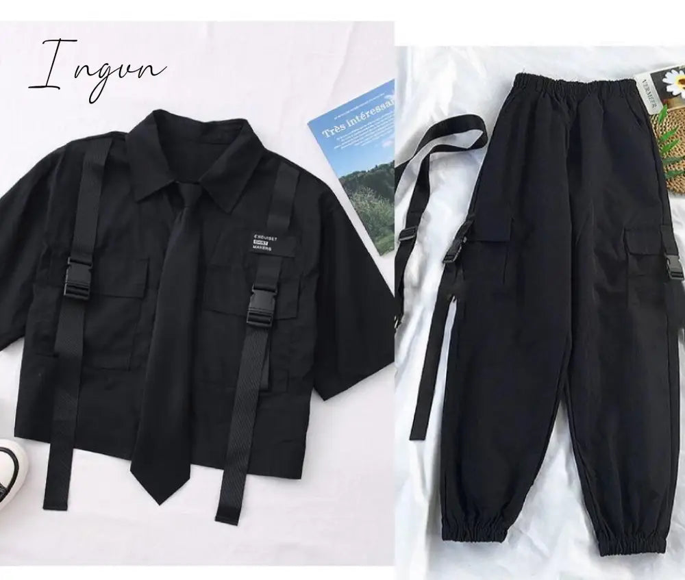 Ingvn - Spring Womens Fashion Autumn Streetwear Pants High-Waist Straight Ribbon Cargo Pants Student Loose Short-Sleeved Shirt with Tie two-piece Set