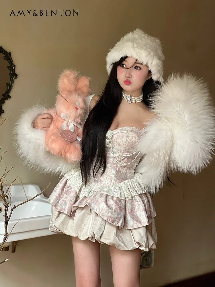 Sweet Elegance Retro Jacquard Strapless Dress for Women Lolita Dresses Cute Pearl Pendant Slim Fit Patchwork Sexy Mini Dress